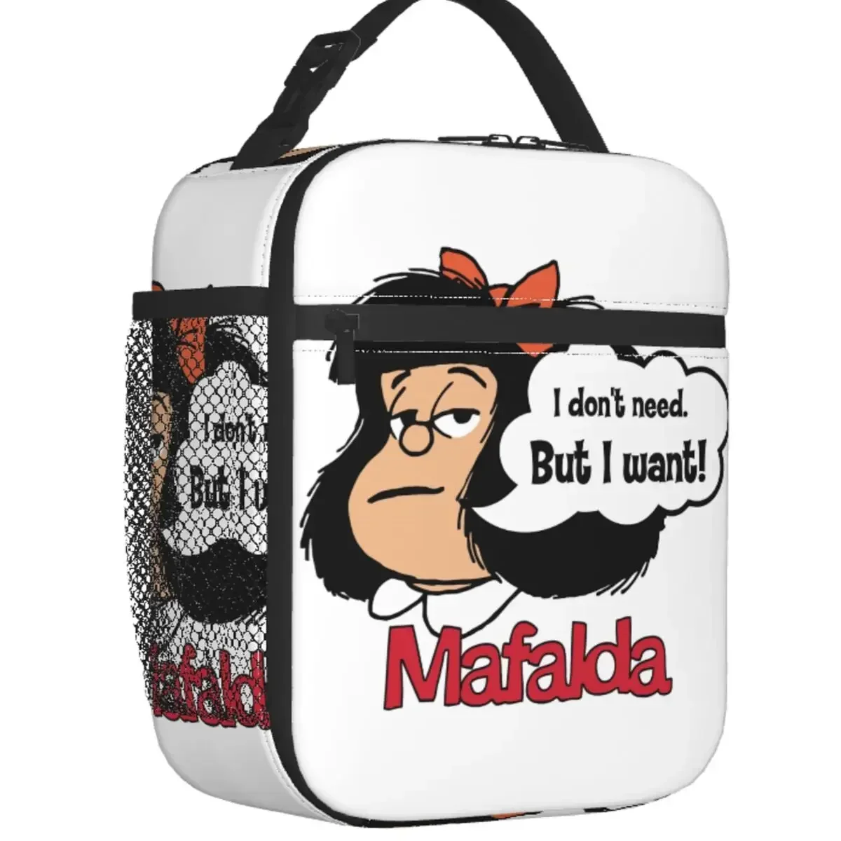 Mafalda I Don't Need But I Want Insulated Lunch Bag Portable Quino Comic Cartoon Thermal Cooler Lunch Tote Office Picnic Travel