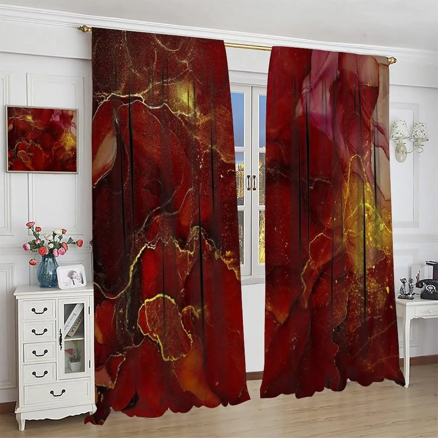 Marble Curtains, Red Gold Abstract Geometry Pattern Texture Window Treatments for Bedroom Living Room, Red Luxury Marble Drape