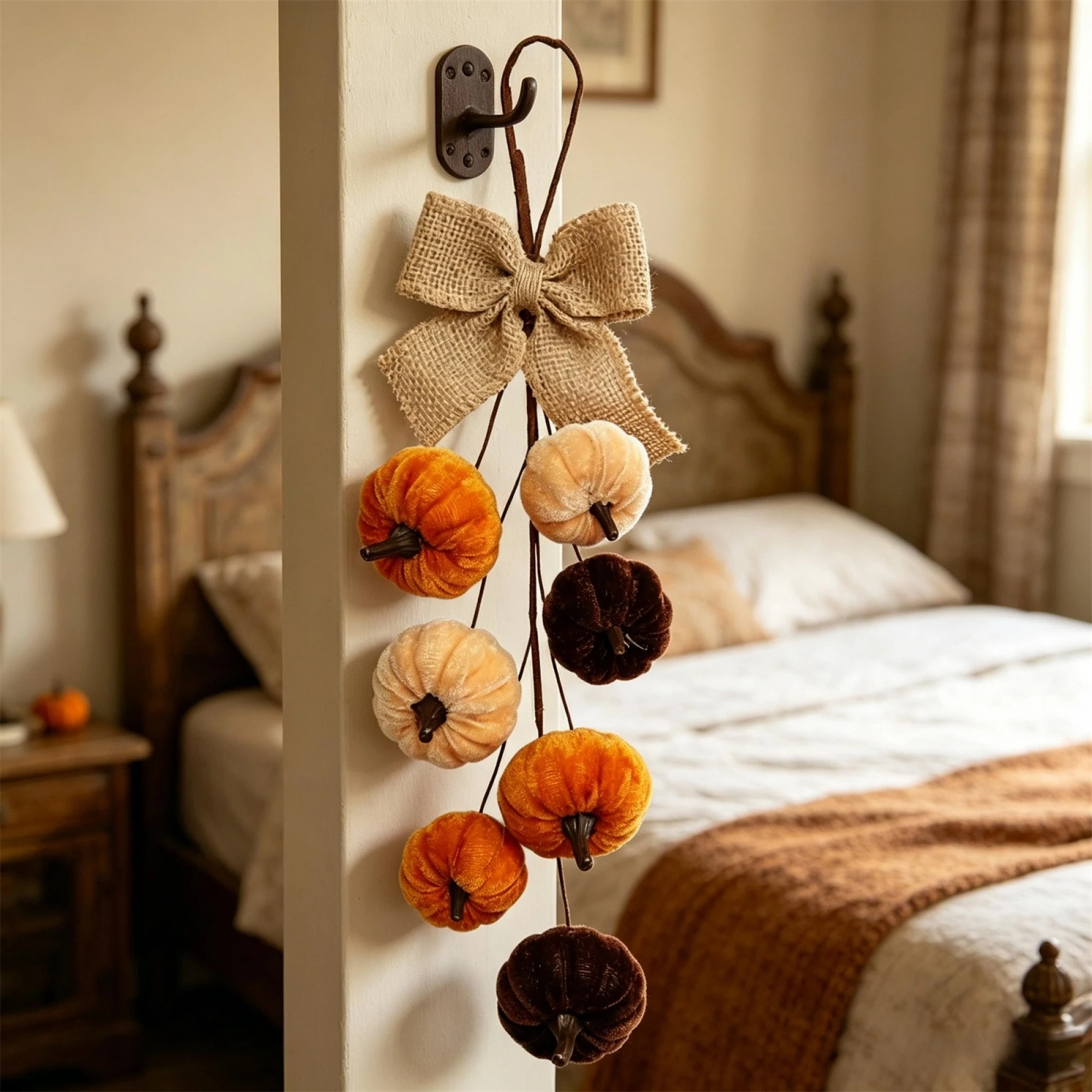 Fall Thanksgiving Swag Hanging Artificial Velvet Pumpkin Wreaths with Bow for Front Door Wall Farmhouse Decoration