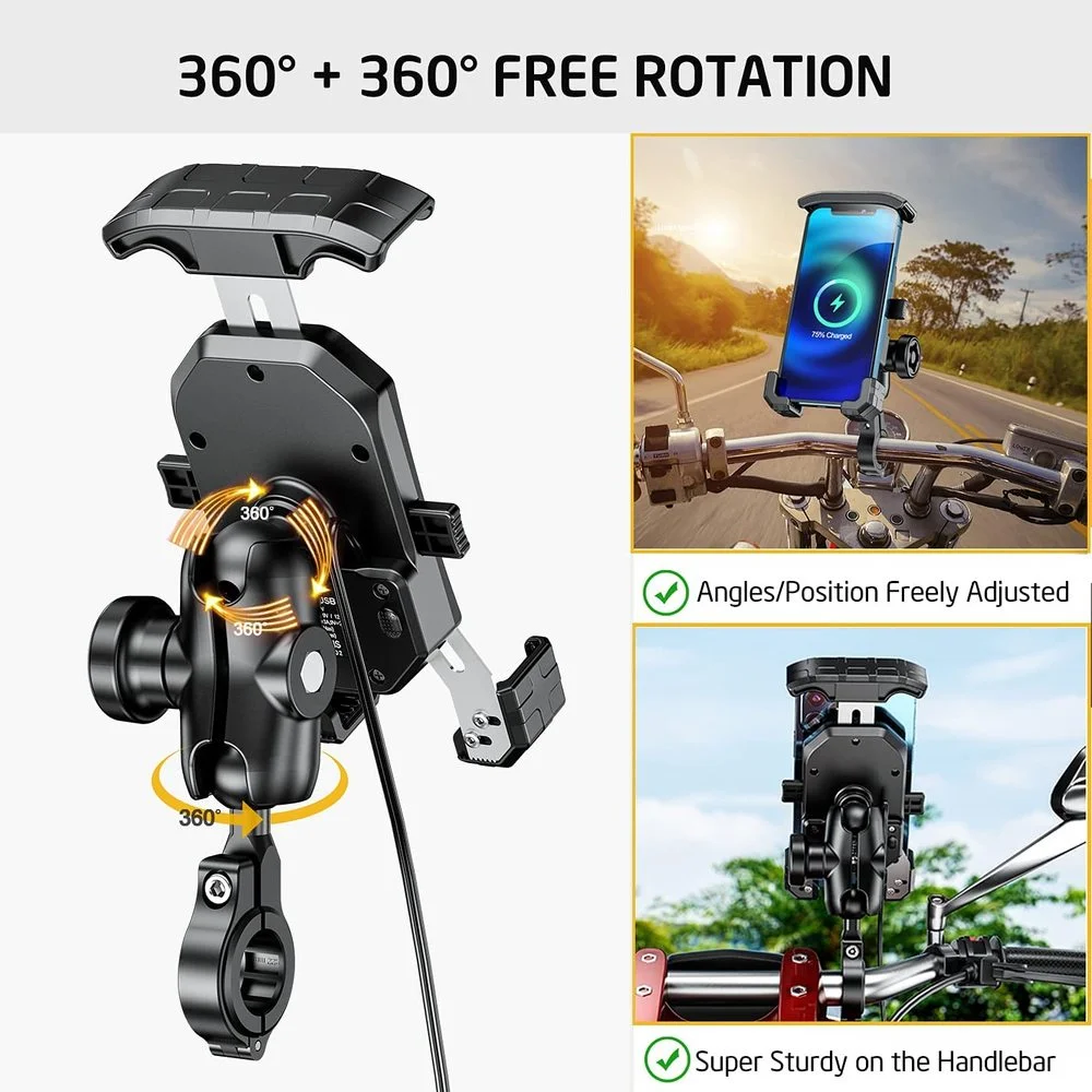 2022 Upgraded 12V Motorcycle Phone Holder 20W Type C PD Quick Charger 15W Wireless Charger Cradle Holder for 4.0-7.0"