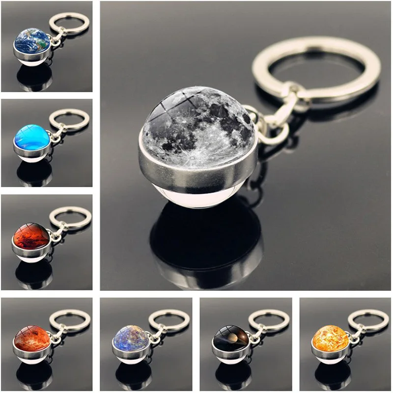 Solar System Planets Keychain for Kids Planet Series Pendant Sun Moon Mars Double Sided Glass Ball Keychain Jewelry Wholesale