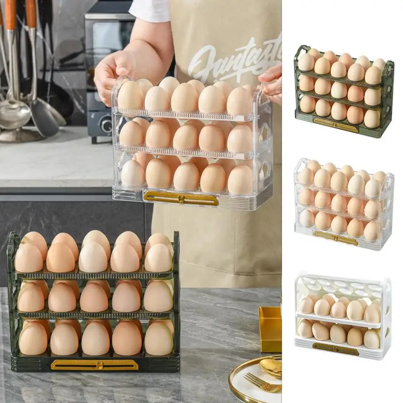 Fridge Shelf Egg Holder Egg Tray Flipping Rack for Fridge Side Doors with 3 Layers Egg Organization Holder with Date Recording