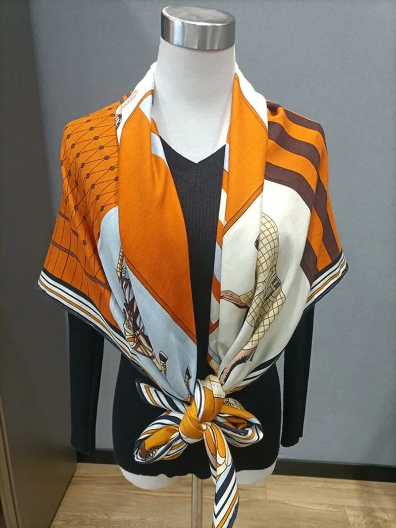 

High-end Elegant Women's Personality Horse Stripe Checked Printed High Quality Silk Wool Hand-rolled Edge Warm Scarf Shawl Wrap