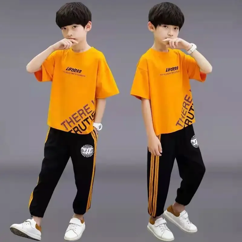 2024 summer autumn Teenager Boys Clothes Casual letter loose Kids Tracksuit Child t shirt + striped pant 8 9 10 12 11 13 14 Year