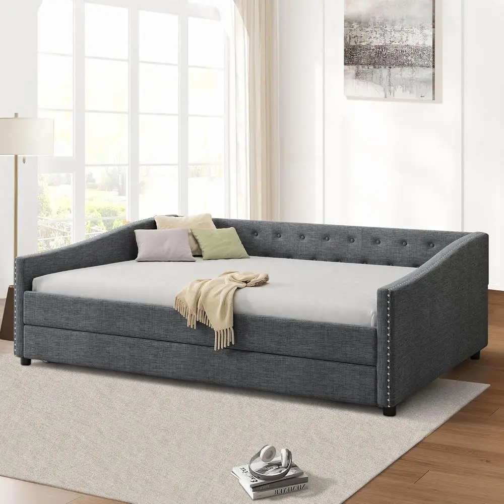 Upholstered Daybed with Trundle, Tufted Sofa Bed, Button-Tufted Back, Piping on Arms, Dark Grey, No Box Spring Needed for Bedroo