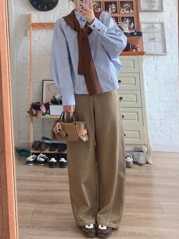 

Caramel Striped Neck Shirt Women's Casual Loose Slimming Shirt Shoulder Wrap Two-Piece Set Autumn Commute Style Polyeste...