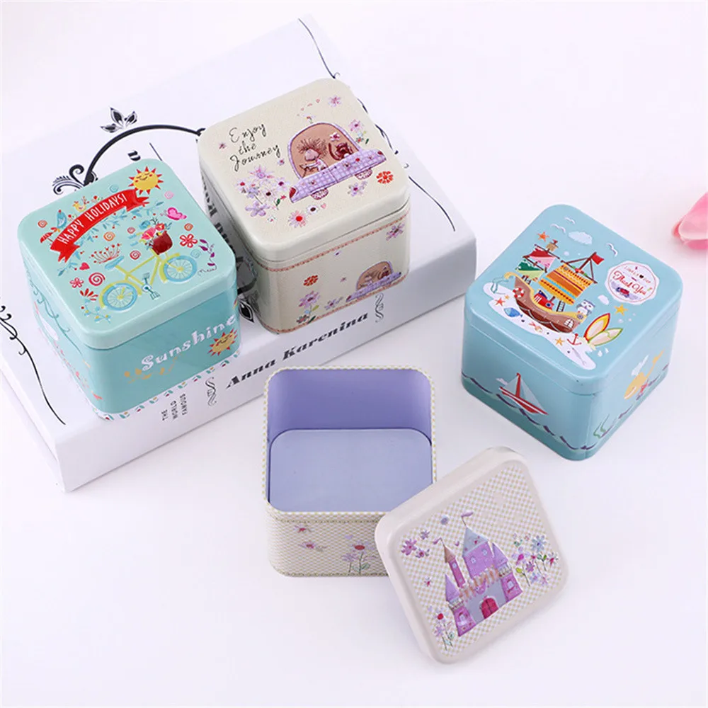 Colorful Metal Mini Square Tin Can Cartoon Carving Box for Children Candy Beads Coin Earrings Sealed Jar Packing Storage Gifts