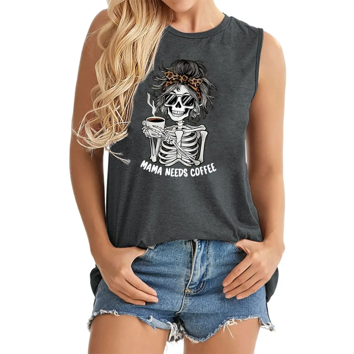 Women's Tank Top Mama Needs Coffee Graphic Sleeveless Top Funny Skull Print Coffee Lover Gift Summer Outfit Ladies Tank Top