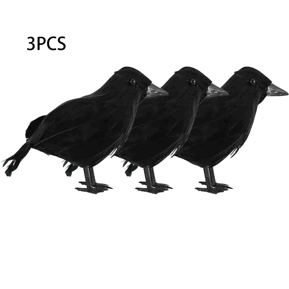 Cuervo negro de simulación de Halloween, 1/2/3 Uds., cuervo Artificial, pájaro de plumas extraíble, decoraciones de jardín, accesorio de cuervo, terror aterrador