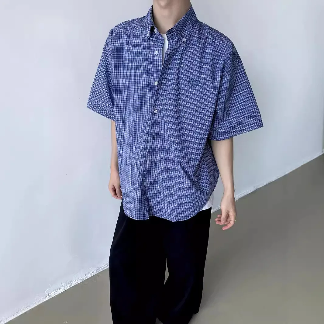 

Summer New Fashion Men's American Vintage Loose Blue Plaid Short Sleeve Shirts Embroideired Turn-down Collar Shirts Coat Male