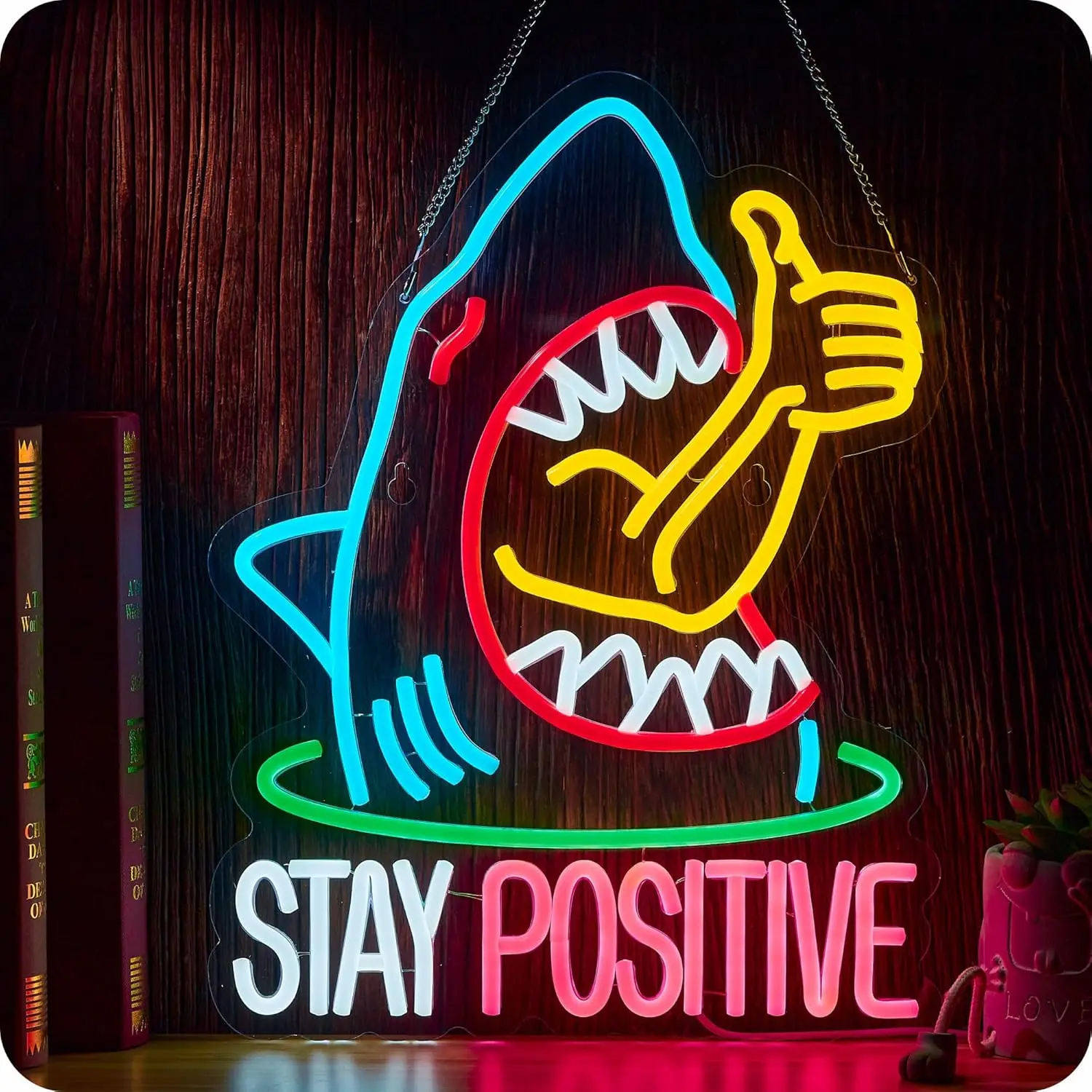 キュートなサメのネオンサイン、親指を差し上げるモチベーションを高めるledウォールアート、釣りクラブ、リビングルーム、男の子の寝室、ホームバーの装飾用ネオンライトサイン