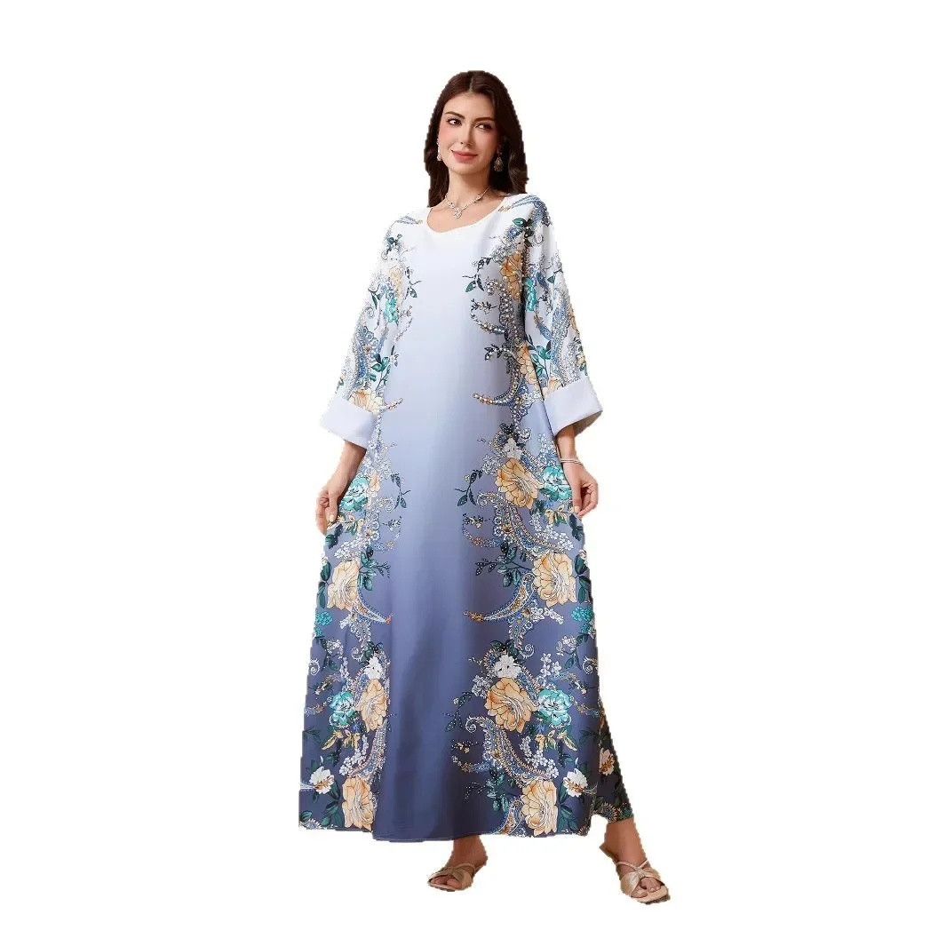 

Ближний Восток Новый мусульманский принт из бисера Hot Diamond Свободный халат Платье Пятно Абая