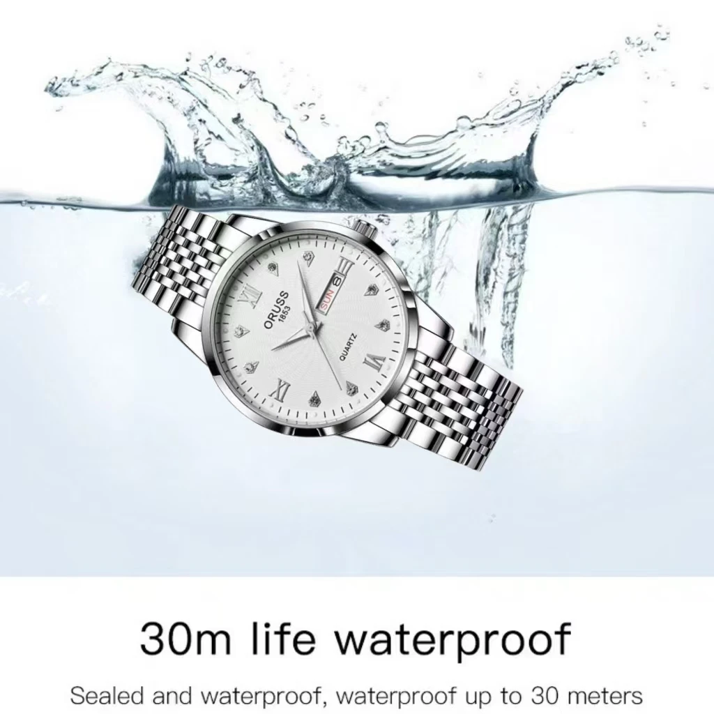 ORUSS оригинальные мужские часы из нержавеющей стали с двойным календарем, водонепроницаемые светящиеся роскошные часы, модные кварцевые мужские наручные часы, Новое поступление