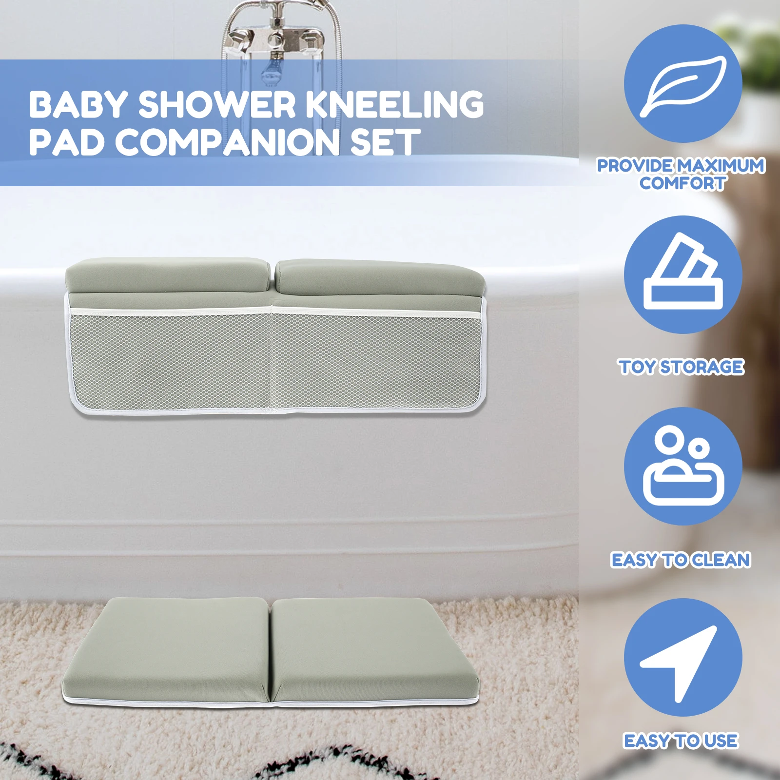 1Set Baby Bath Kneeler Elbow Rest Pad Set Memory Foam Thick Kneeling Pad Anti-Slip Bath Tub Elbow Pad with Organizer For Bathtub