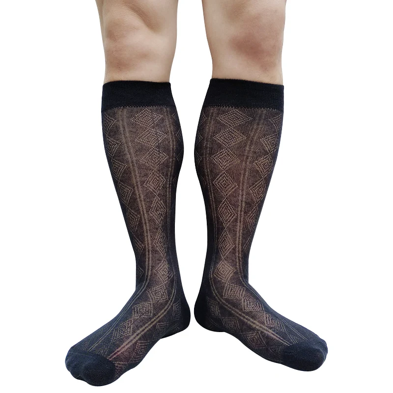 See Through Mens Long Tube Socks Formal Dress Suit Black Color Knee High Sexy Stocking for Business Wedding Hose