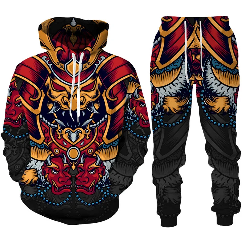 Cool Samurai Oni Mask Tattoo Art 3D Print Tracksuit Sets Casual Hoodie + Pants 2pcs Sets Fashion Man Woman Harajuku Streetwear