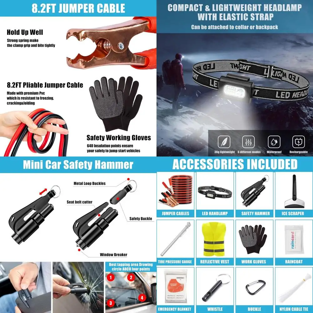 

AUTODECO Roadside Emergency Kit Car Safety Kit with Jumper Cables Car Kits for Emergency, Black