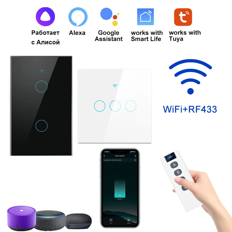 Tuya WiFi Smart Touch Wall Switch, Interruptor de Iluminação, 1, 2, 3 Gang, 433Mhz, 220V, 110V, Não Neutro, Google Home, Yandex Alice