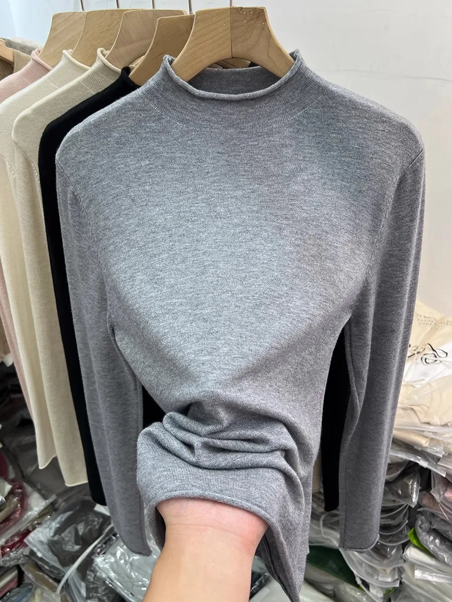 

Осень-зима 2025 пуловер с длинными рукавами женский однотонный завитый свитер с воротником тонкие вязаные свитера корейский джемпер Pull Femme