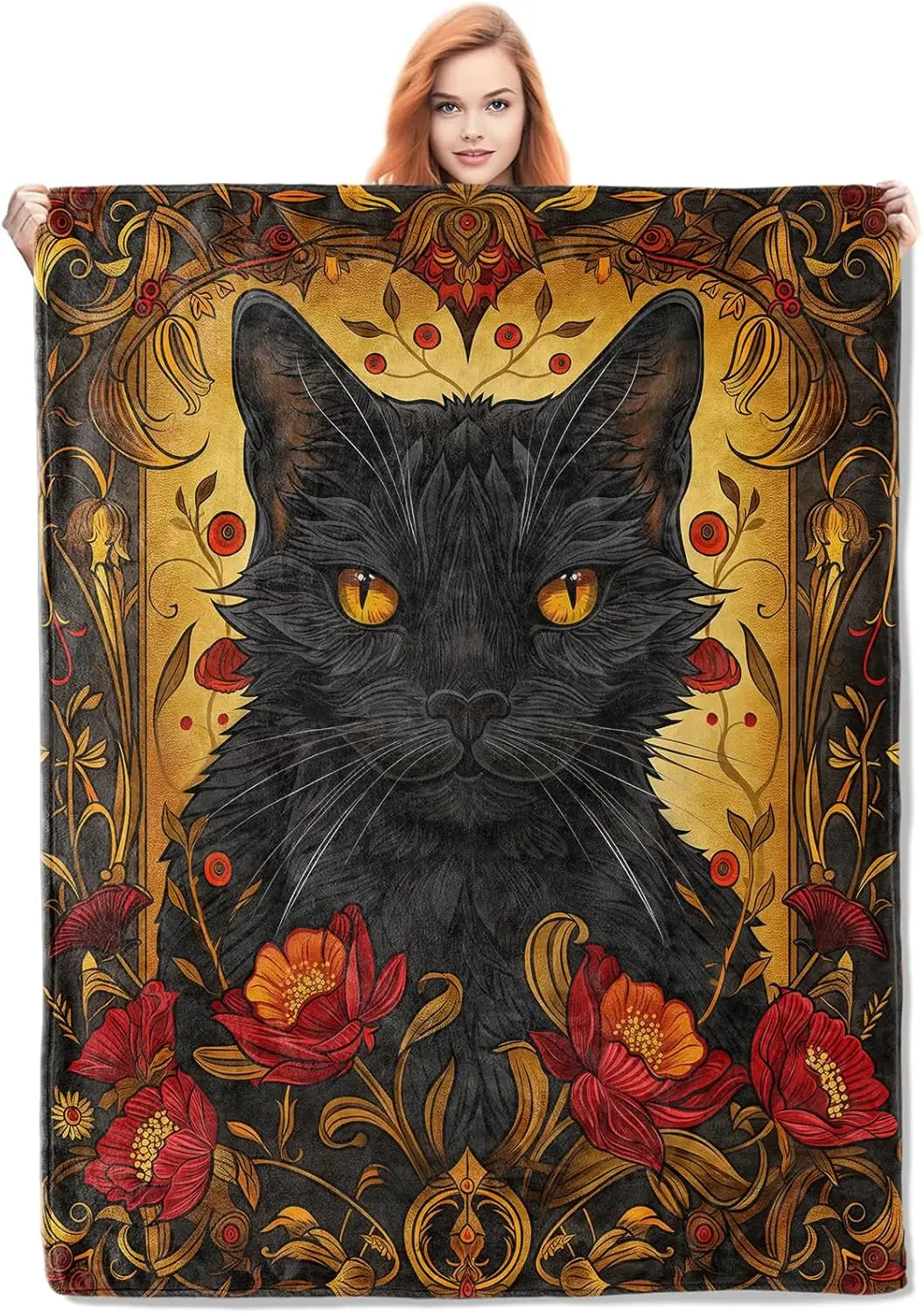 Black Cat Fleece Blanket Gifts, Halloween Black Cat and Floral Design, Soft Cat Throw  Halloween Decor - Gold and Black