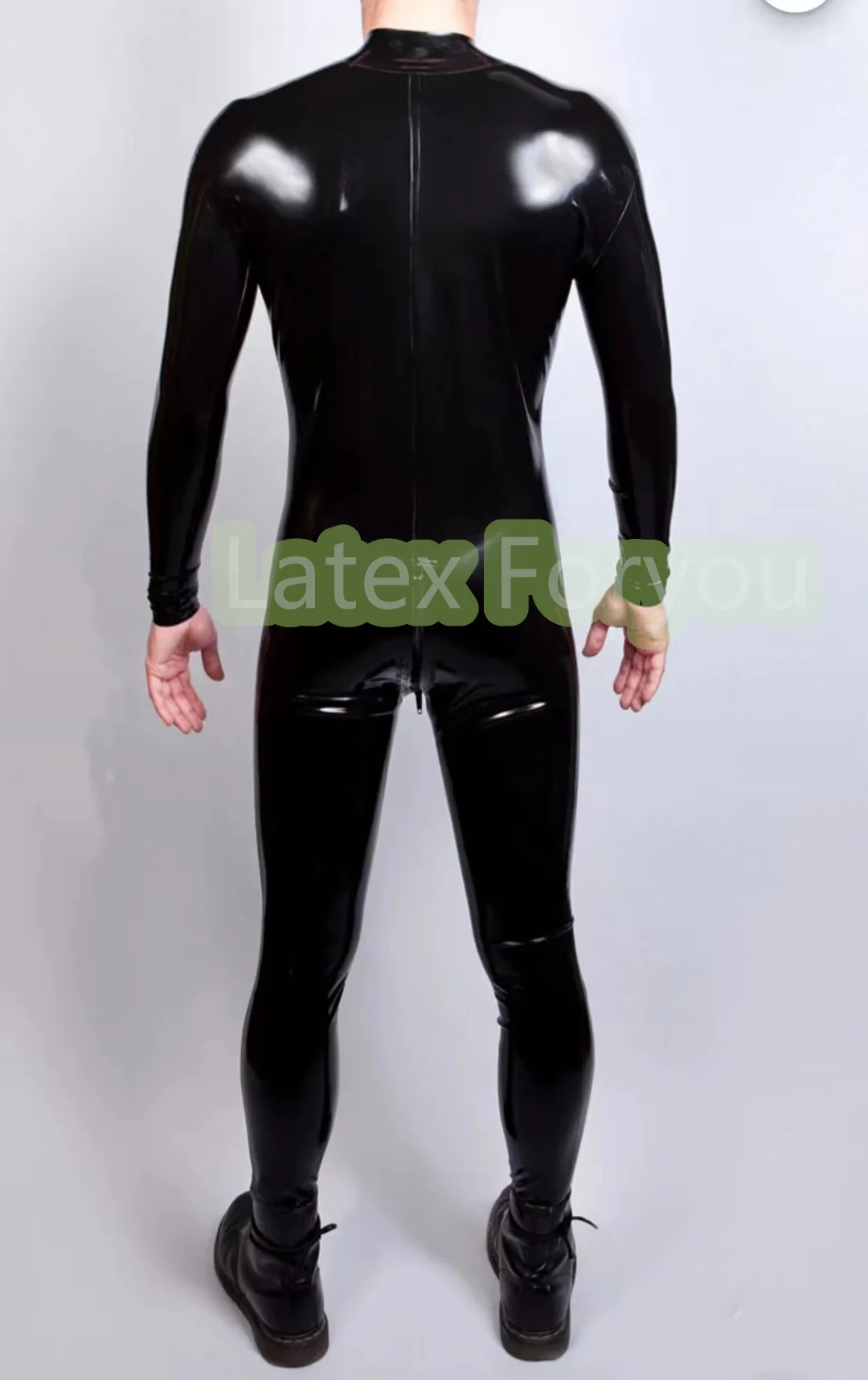 

Fashion Black Overall Latex Men's Catsuit Cosplay Party Zentai Bodysuit Gummi Latex Muscle Jumpsuit with Front to Crotch Zipper