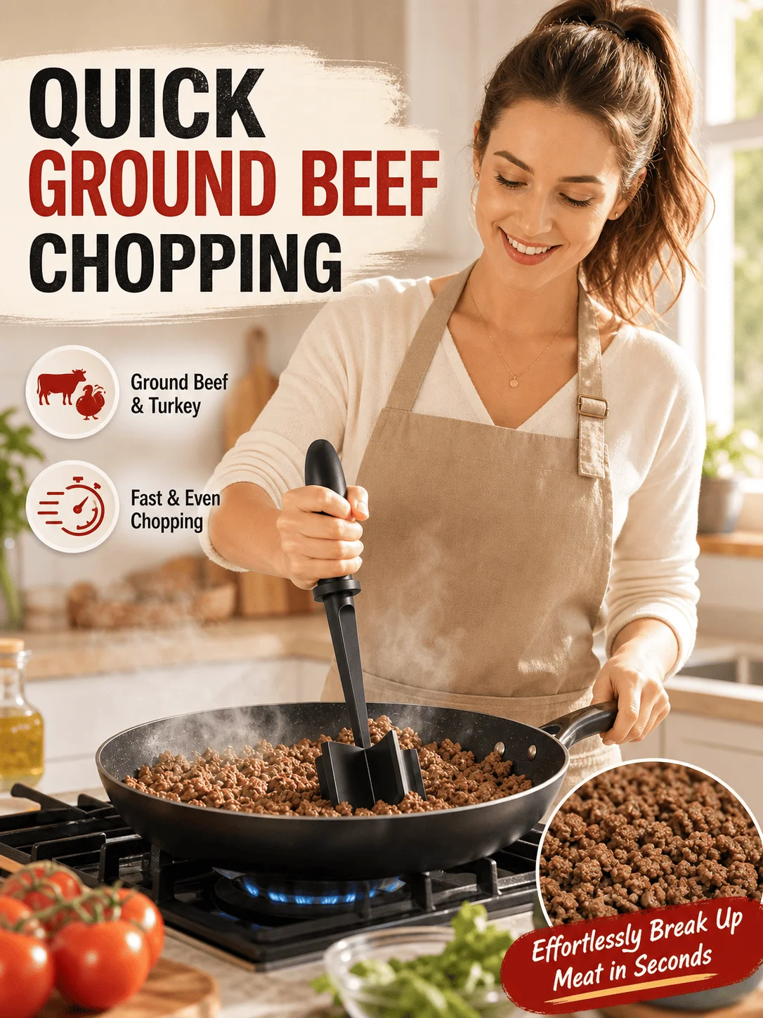 Heat Resistant Meat Chopper Masher, 5 Beveled Blades, Non-Scratch Nylon Ground Beef Smasher for Non-Stick Pans
