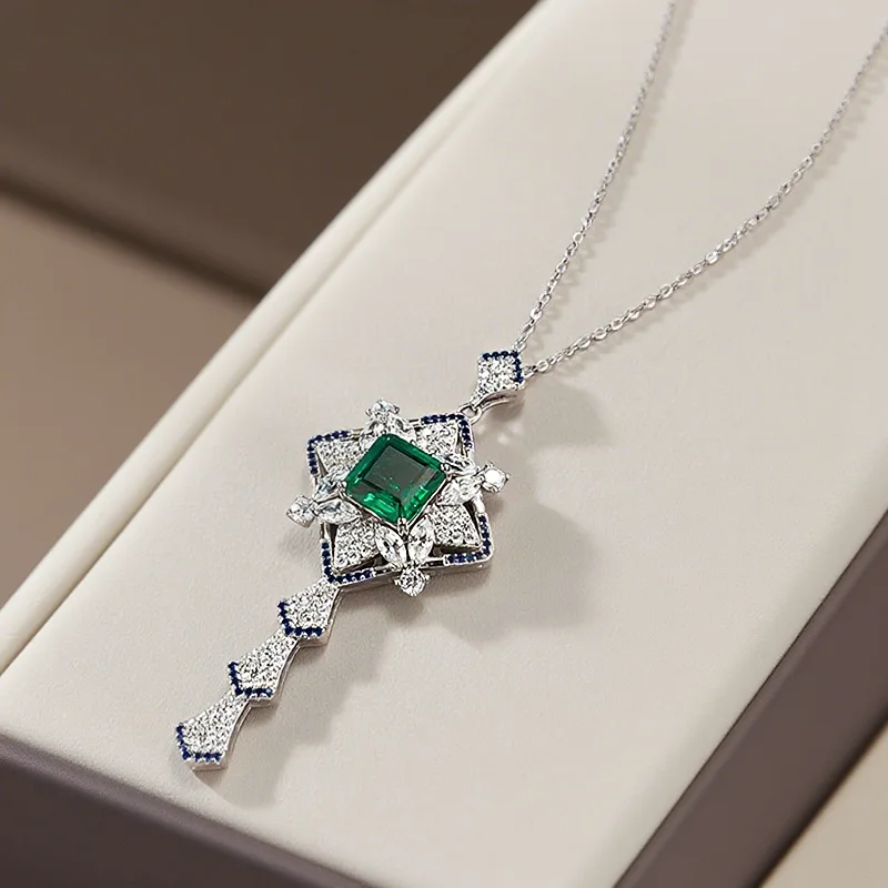 New product Luxury white gold solid platinum PT950 10*10mm spliced   green necklace women's clavicle chain retro style pendant
