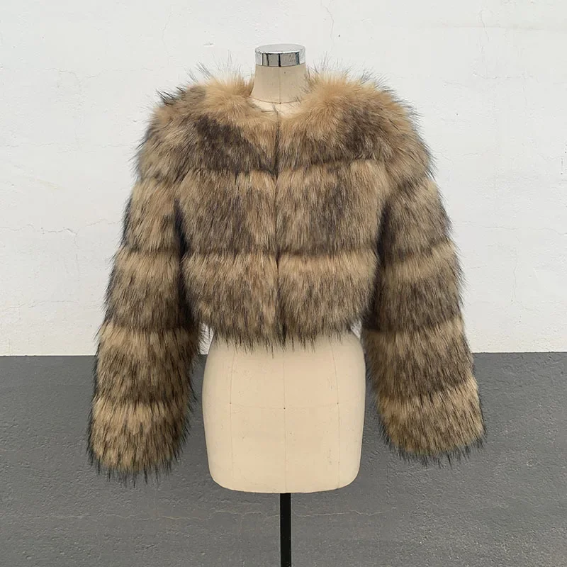 Cappotto corto in pelliccia di procione sintetica di alta qualità Donna Moda invernale O Collo Manica lunga Soffice giacca corta in pelliccia sintetica Crop Top