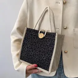 Bolso de mano de lino con patrón de flores para mujer, bolsa de diseñador de moda, bolso de compras conveniente de gran capacidad, bolsa de almacenamiento de comestibles de viaje