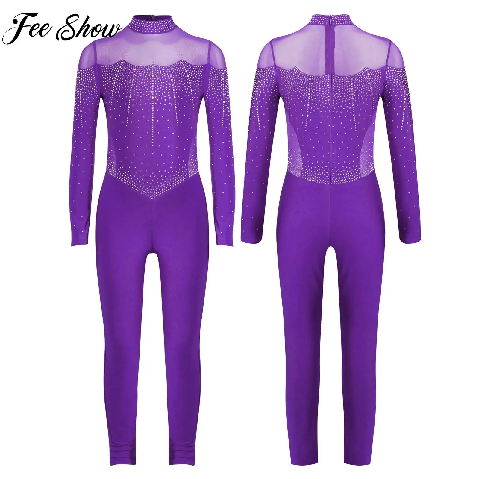 

Child Girls Gymnastics Figure Skating Full Body Unitard Jumpsuit Long Sleeve Rhinestones Mesh Bodysuit Ballerina Leotard Costume