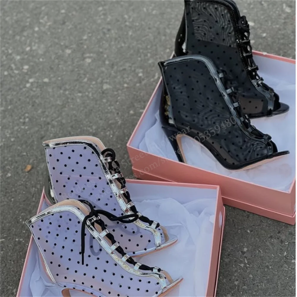

Mesh Polka Dots Decor High Heel Ankle Boot Women Sexy Peep Toe Stiletto Heel Lace Up Summer New Elegant Black White Pumps