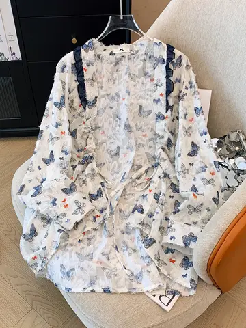 여성용 루즈 플로럴 카디건, 나비 프린트 재킷, 긴팔 셔츠, 화이트, 6XL, 7XL, 8XL, 9XL, 150Kg, 플러스 사이즈, 159 가을