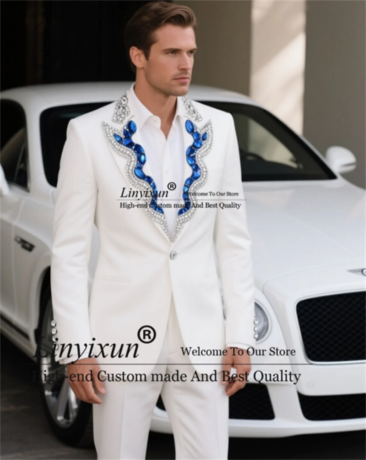 

Glitter Beaded Crystals Men Suit 2 Piece Sets Groom Tuxedos Slim Fit Groom Blazer Peaked Lapel Male Ropa Hombre Customized