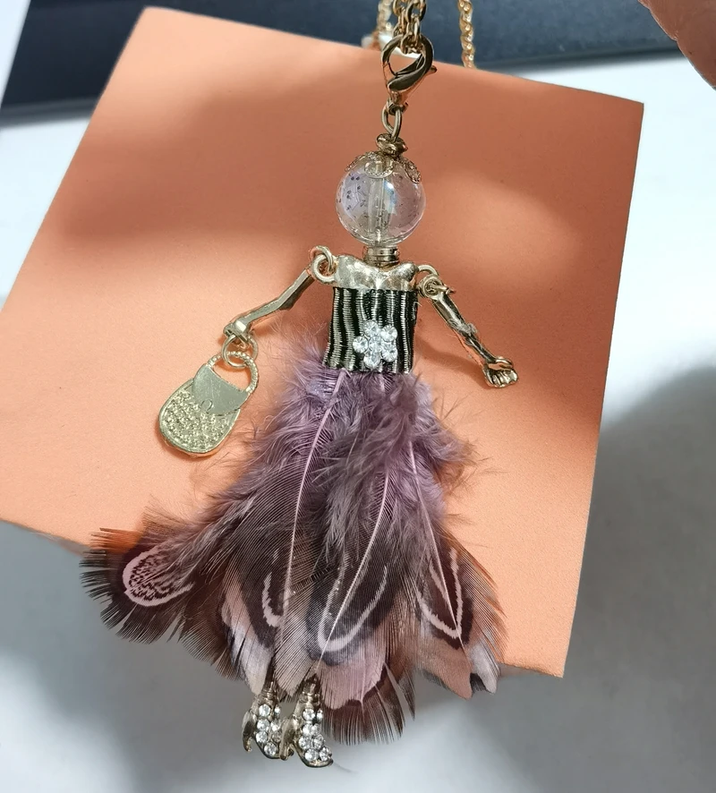 Rhinestone Feather Long Dress Dancing Girl Statement Necklace Paris Girl Doll Pendant Long Chain Necklace For Women Maxi Jewelry