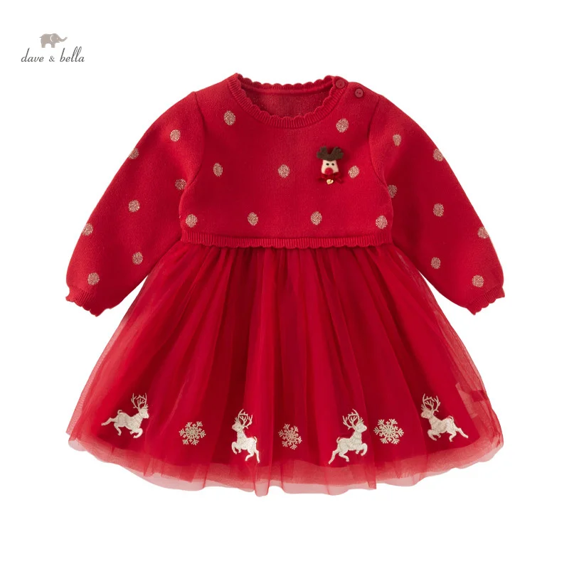 Dave Bella Princess Dress Girls Baby Children 2024 New Autumn Winter Cute Christmas Fashion Long Sleeved Party Dress DB4242968