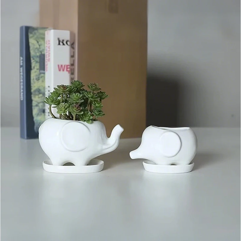 Set of 2 pieces White Ceramic Elephant Succulent Planters, Cute Animal Flowerpot with Tray for Home Decor Desktop Ornament