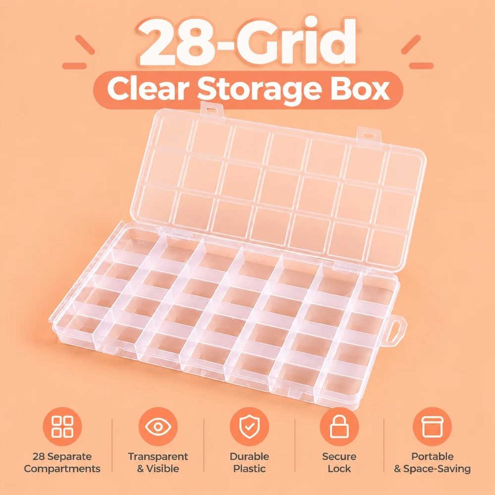 Transparent 28 Grid Box with Card Holders Perfect for Nail Tips Beads and Jewelry Component Organization
