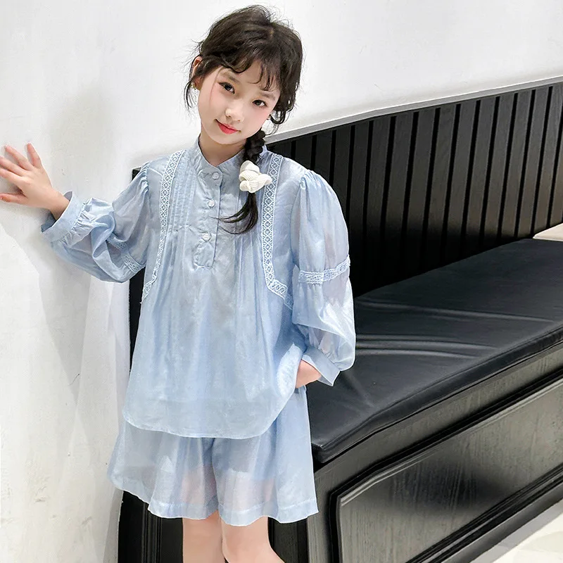 Girls Two-piece Set 2024 Summer New Childrens Clothing Foreign Sun-protective Clothing Set New Chinese Tencel Breathable