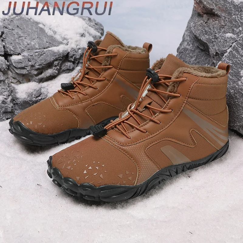 Winter Womens And Mens Barefoot Snow Boots Plush Warm Ankle Boots Non-slip Outdoor Waterproof Hiking Shoes Walking Cotton Shoes