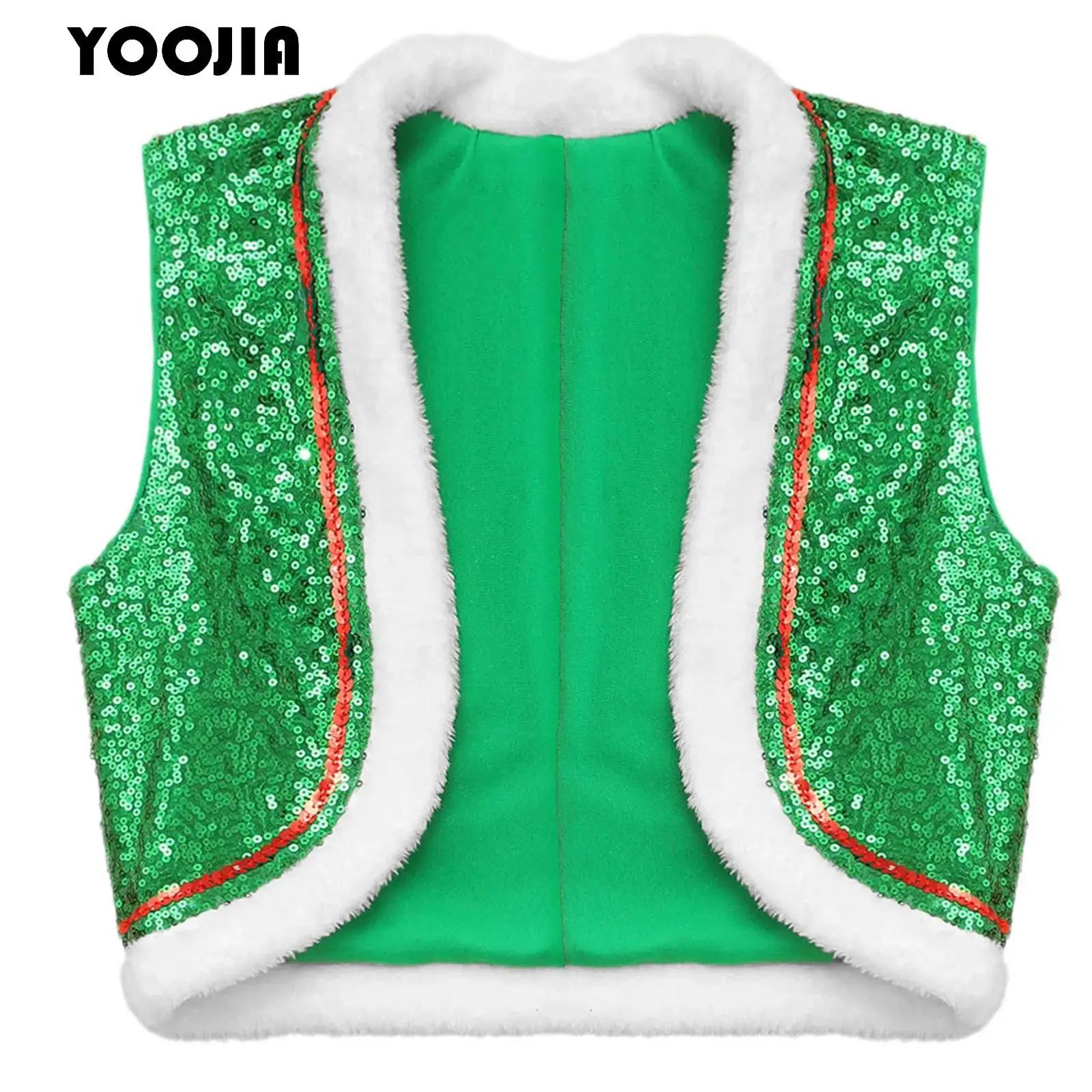 

Unisex Kids Xmas Santa Elf Costume Christmas Sequin Faux Fur Trim Dance Vest Waistcoat Hip Hop Jazz Performance Party Costume