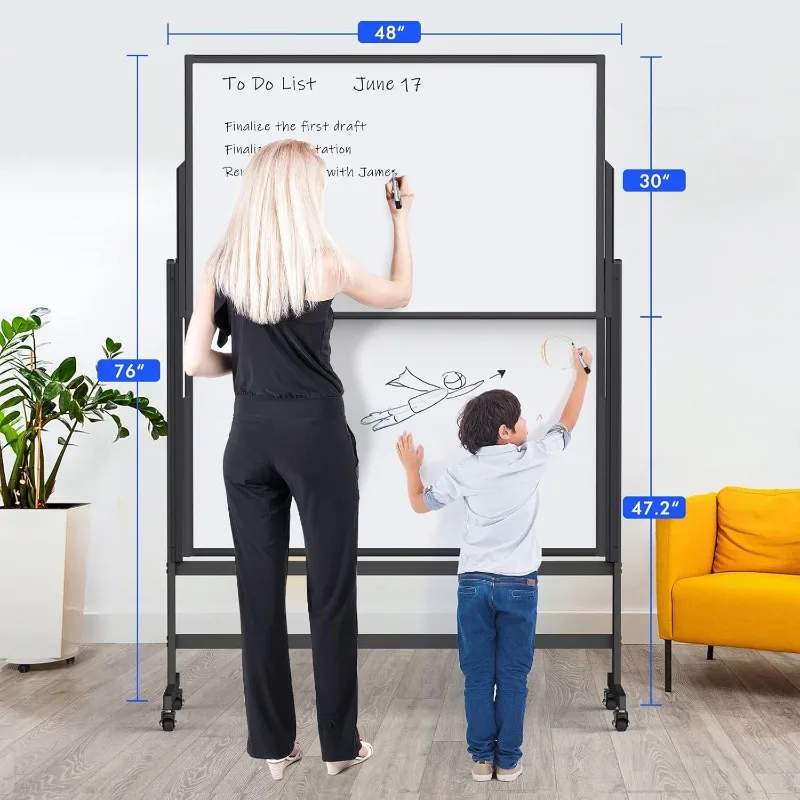 48 x 60 inches Large Standing Easel White Board on Wheels, 4‘x5' Mobile Double-Side Magnetic Rolling White Board