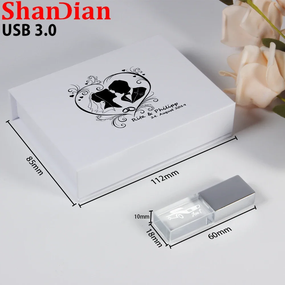 Wedding Photography Gift Box USB 3.0 Flash Drive Free Custom Logo Crystal Pen Drive Color Printing Memory Stick 64GB High Speed