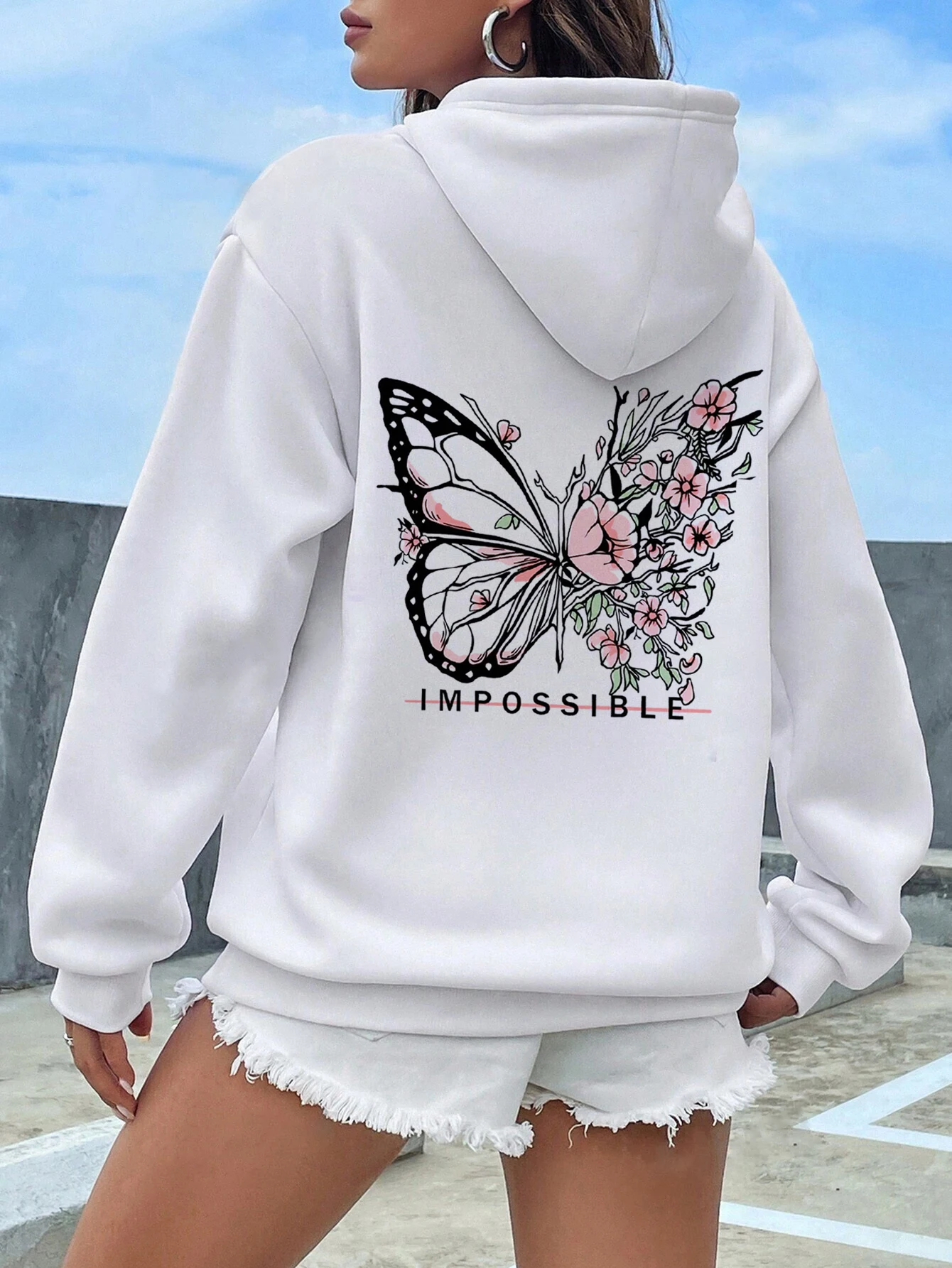 Rose Butterfly Impossible Letter Graphic Print Women Sweatshirt Fashion Warm Hooded Loose Casual Hoodies Fleece Soft Clothing