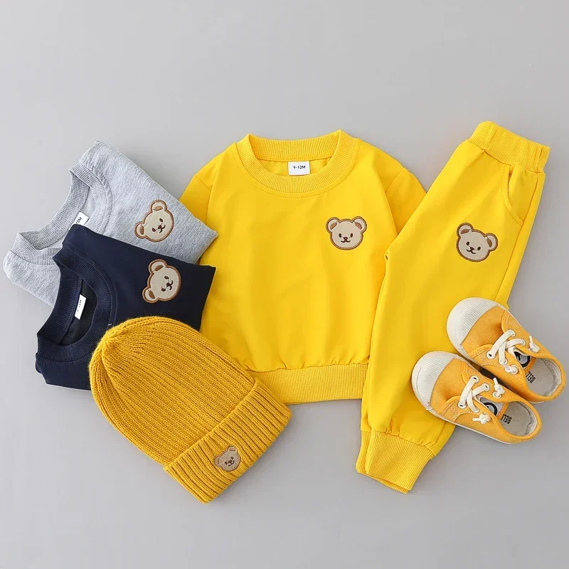2-teiliges Kinderset für Frühling und Herbst, Einfaches Bärenkopf-Motiv, Rundhals-Langarmshirt und Hose, Outdoor-Set für Kleinkinder – Detail 1