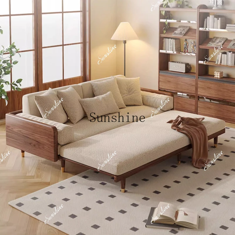 Folding dual-purpose removable and washable cotton and linen small apartment living room bedroom solid wood walnut color  FT
