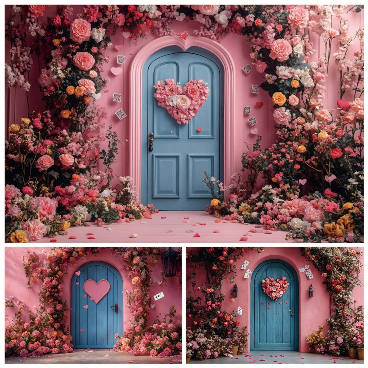 

Valentine's Day Backdrop Pink Flowers Love Heart Wall Floral Wedding Party Valentine Couple Portrait Photography Background Deco