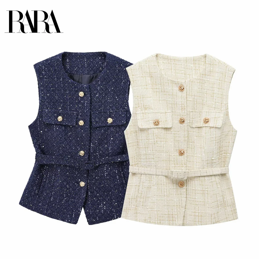 

Женский твидовый жилет без рукавов RARA с золотой застежкой на пуговицы, двойными карманами и поясом на талии для шикарного и элегантного образа