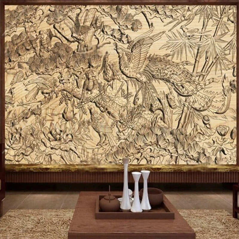 

MU9132 3D рельефная рельефная резьба по дереву в китайском стиле с птицами, покачись в честь Феникса, украшение для дома, спальни, диван b