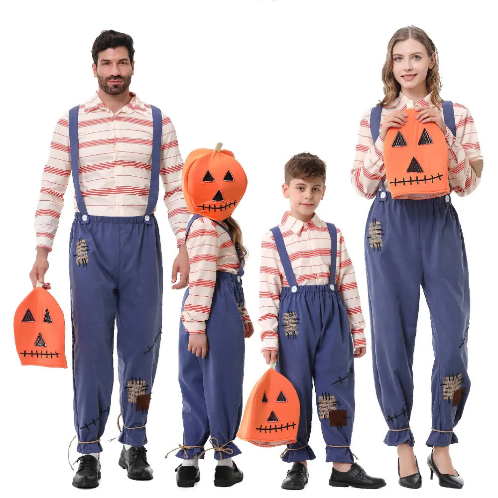 Halloween Adult Kids Unisex Striped Shirt Plaid Patch Overalls Horror Farm Cosplay Set with Pumpkin Mask Party Fancy Dress
