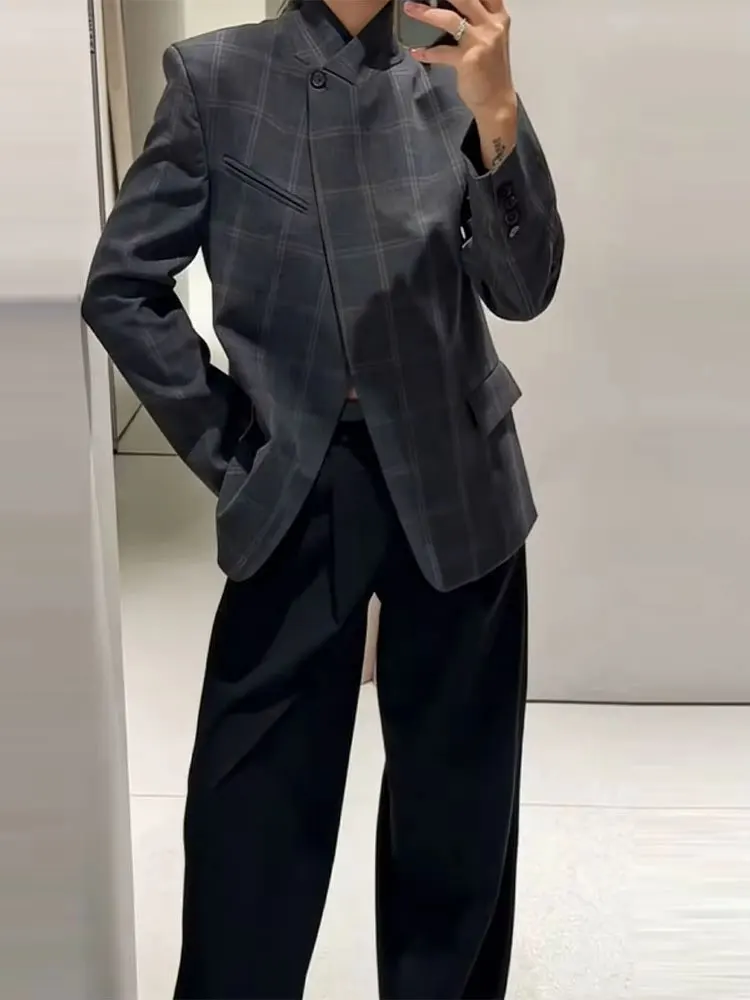 Blazer de Primavera HH 2026 para Mujer, Chaqueta de Traje a Cuadros de Moda, Cuello Alto, Botón Único, Manga Larga, Ropa de Calle Femenina